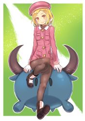 Rule 34 | 1girl, alternate color, babe (fate), beret, black footwear, black pantyhose, blonde hair, blush, boots, brown eyes, closed mouth, collared jacket, etori, fate/grand order, fate (series), gloves, hat, head tilt, highres, jacket, long sleeves, looking at viewer, pantyhose, parted bangs, paul bunyan (fate), pink hat, pink jacket, sitting, smile, white gloves