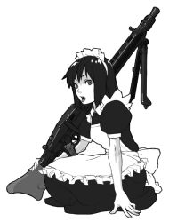Rule 34 | 1girl, combat maid, greyscale, gun, machine gun, maid, mg 42, monochrome, original, simple background, solo, weapon