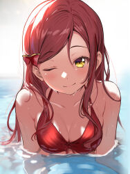 Rule 34 | 1girl, absurdres, bikini, blush, borgbutler, breasts, closed mouth, commentary request, food, front-tie bikini top, front-tie top, hair ornament, highres, holding, holding food, long hair, looking at viewer, love live!, love live! sunshine!!, medium breasts, one eye closed, partial commentary, partially submerged, red bikini, red hair, reflection, sakurauchi riko, smile, solo, swimsuit, upper body, water, wet, yellow eyes