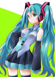 Rule 34 | 1girl, aqua eyes, aqua hair, bad id, bad pixiv id, detached sleeves, hand on own hip, hatsune miku, headphones, highres, long hair, looking at viewer, necktie, richard, skirt, sleeves past wrists, solo, thighhighs, twintails, very long hair, vocaloid