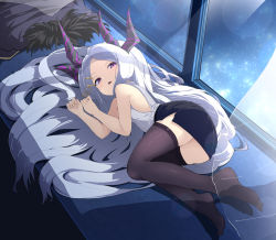 1girl, ass, bangs, bare arms, bare shoulders, black jacket, black legwear, black skirt, blue archive, blush, commentary request, curtains, eyebrows visible through hair, forehead, full body, fur-trimmed jacket, fur trim, hair ornament, hairclip, hands up, highres, hina (blue archive), horns, jacket, jacket removed, long hair, lying, multiple horns, no shoes, noa (nagareboshi), on side, parted bangs, parted lips, pencil skirt, purple eyes, shirt, skirt, sky, sleeveless, sleeveless shirt, solo, star (sky), starry sky, thighhighs, transparent, very long hair, white hair, white shirt, window
