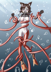 Rule 34 | 1girl, absurdres, ailu elf, air bubble, animal ears, bodysuit, breasts, bubble, cat ears, diving, diving mask, diving suit, flippers, goggles, highres, imaizumi kagerou, medium breasts, scuba, scuba gear, skin tight, tentacles, touhou, underwater, wetsuit