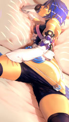Rule 34 | 1girl, aqua (kingdom hearts), ass, bare shoulders, blue eyes, blue theme, bow, bowtie, breasts, butt crack, cameltoe, clothes, detached sleeves, gloves, highres, kingdom hearts, lips, lying, medium breasts, nose, on stomach, panties, pink theme, purple hair, purple theme, short hair, short shorts, shorts, sideboob, smile, smirk, solo, thighhighs, thighs, tororoto, underwear
