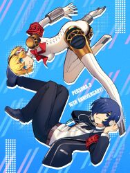 Rule 34 | 1boy, 1girl, aegis (persona), android, armband, black bow, black bowtie, black pants, blonde hair, blue background, blue eyes, blue footwear, blue hair, bow, bowtie, commentary, copyright name, english commentary, floating, full body, gekkoukan high school uniform, hair over one eye, hands up, headphones, highres, jacket, joints, kuki tan, legs, long sleeves, open clothes, open jacket, pants, parted bangs, persona, persona 3, robot joints, s.e.e.s, school uniform, shirt, short hair, white shirt, yuuki makoto (persona 3)