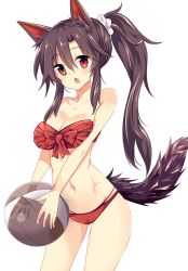 Rule 34 | 1girl, :o, animal ears, ball, beachball, bikini, breasts, brown hair, cleavage, cowboy shot, fang, high ponytail, highres, imaizumi kagerou, long hair, maturiuta sorato, open mouth, red bikini, red eyes, sidelocks, simple background, solo, standing, strapless, swimsuit, tail, touhou, white background, wolf ears, wolf tail