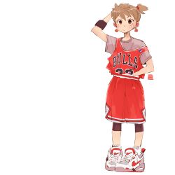 Rule 34 | 1girl, andrewcockroach, bandaid, bandaid on face, basketball uniform, bike shorts, bike shorts under shorts, brown eyes, brown hair, chicago bulls, earrings, flat chest, full body, jewelry, michael jordan, national basketball association, nike (company), one side up, oversized clothes, pigeon-toed, shirt, shoes, shorts, sneakers, socks, solo, sportswear, t-shirt, tomboy, white background