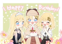 Rule 34 | 3girls, :d, absurdres, black dress, blonde hair, blue eyes, blush, cake, capelet, closed eyes, commentary, deerstalker, dress, earrings, flower, food, green background, hair ornament, happy birthday, hat, heart, heart earrings, highres, hololive, hololive english, jewelry, long hair, long sleeves, looking at viewer, medium hair, multiple girls, multiple persona, neru (flareuptf1), one side up, open mouth, see-through, see-through sleeves, smile, star (symbol), starry background, strawberry shortcake, tiara, two-tone background, virtual youtuber, watson amelia, watson amelia (street casual), watson amelia (party dress), white background