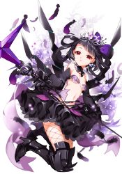 Rule 34 | 10s, 1girl, bad id, bad pixiv id, black gloves, black hair, black princess, black skirt, bow, closed mouth, detached collar, detached sleeves, earrings, feathers, fishnet legwear, fishnets, floral background, flower, gloves, hair bow, hair rings, heart, heart earrings, holding, holding weapon, jewelry, long hair, navel, pink lips, platina77, red eyes, revealing clothes, ribbon, six heart princess, skirt, solo, staff, teiue tamaki, tiara, weapon