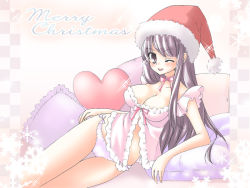 Rule 34 | 1girl, ;p, babydoll, bow, bow panties, chemise, christmas, hat, lying, mika mikan, on side, one eye closed, original, panties, santa hat, solo, thigh gap, thighs, tongue, tongue out, underwear, white panties, wink