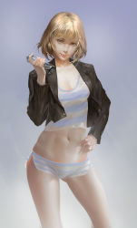 Rule 34 | 10s, 1girl, absurdres, blonde hair, blue background, breasts, cleavage, closed mouth, contrapposto, crop top, cropped jacket, fingernails, highres, holding, lips, looking at viewer, medium breasts, midorikawa hana, midriff, navel, nose, prison school, realistic, short hair, short shorts, shorts, simple background, smile, solo, standing, stomach, striped clothes, striped shorts, yellow eyes, yuyu wang