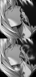 Rule 34 | 1boy, 1girl, absurdres, ear licking, fate/grand order, fate (series), florence nightingale (fate), fujimaru ritsuka (male), greyscale, hetero, highres, hxd, licking, monochrome, open mouth, short hair, tongue, tongue out