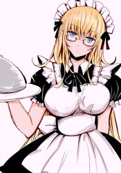 Rule 34 | 10s, 1girl, alternate costume, amami reiko, apron, bespectacled, blonde hair, blue eyes, breasts, enmaided, glasses, gunslinger stratos, head tilt, large breasts, long hair, looking at viewer, maid, maid apron, maid headdress, olga janetine, short sleeves, solo, tray