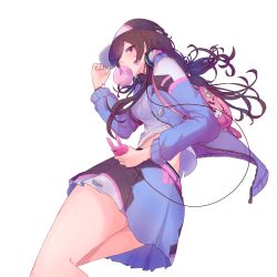 Rule 34 | adapted costume, alice-sama san, backpack, badge, bag, baseball cap, blue jacket, blue skirt, breasts, brown eyes, brown hair, blowing bubbles, cable, casual, cellphone, charm (object), chewing gum, cowboy shot, d.va (overwatch), facepaint, facial mark, from side, hair ornament, hair tie, hand on headwear, hand up, hat, headphones, headphones around neck, highres, holding, holding phone, jacket, legs together, long hair, long sleeves, looking at viewer, looking back, medium breasts, open clothes, open jacket, overwatch, overwatch 1, phone, shirt, skirt, smartphone, solo, transparent background, undershirt, whisker markings, white shirt