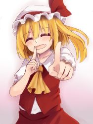 Rule 34 | 1girl, ascot, blonde hair, blush, collarbone, closed eyes, fang, flandre scarlet, hat, himeno (kujousyuon), index finger raised, koi dance, md5 mismatch, mob cap, puffy short sleeves, puffy sleeves, red skirt, red vest, shirt, short sleeves, side ponytail, skirt, skirt set, solo, touhou, vest, white shirt