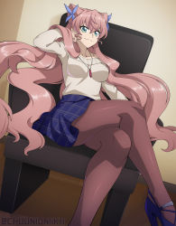 Rule 34 | 1girl, absurdres, alternate costume, blue eyes, blue footwear, blue skirt, breasts, butterfly hair ornament, casual, chair, chuunioniika, collarbone, commentary, crossed legs, english commentary, full body, hair flip, hair ornament, high heels, highres, jewelry, long hair, looking at viewer, maria cadenzavna eve, medium breasts, off-shoulder, off-shoulder sweater, off shoulder, pantyhose, pendant, pink hair, pink pantyhose, plaid, plaid skirt, senki zesshou symphogear, senki zesshou symphogear xd unlimited, sitting, skirt, solo, sweater, symphogear pendant, unmoving pattern