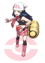 Rule 34 | 1girl, absurdres, bag, beanie, black hair, black shirt, black socks, boots, bracelet, commentary request, creatures (company), dawn (pokemon), duffel bag, full body, game freak, grey eyes, hair ornament, hairclip, hat, heydove, highres, holding, holding poke ball, jewelry, kneehighs, long hair, looking at viewer, nintendo, open mouth, pink footwear, pink skirt, poke ball, poke ball (basic), poke ball print, poke ball symbol, pokemon, pokemon dppt, poketch, red scarf, scarf, shirt, skirt, sleeveless, sleeveless shirt, smile, socks, solo, standing, teeth, tongue, watch, white background, white hat, wristwatch, yellow bag