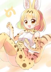 Rule 34 | 1girl, :d, animal ears, blonde hair, blush, bow, bowtie, breasts, commentary request, elbow gloves, emurin, feet out of frame, gloves, kemono friends, looking at viewer, medium breasts, open mouth, print bow, print bowtie, print skirt, print thighhighs, serval (kemono friends), serval print, shirt, short hair, skirt, sleeveless, sleeveless shirt, smile, solo, tail, thighhighs, white shirt, yellow eyes