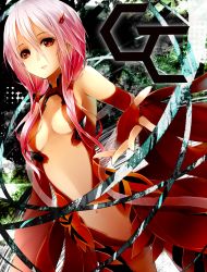 Rule 34 | 10s, 1girl, ayuteisyoku, bare shoulders, black thighhighs, breasts, center opening, cleavage, detached sleeves, elbow gloves, fingerless gloves, gloves, guilty crown, hair ornament, hairclip, highres, long hair, looking at viewer, navel, open mouth, outstretched hand, pink hair, red eyes, small breasts, solo, thighhighs, twintails, yuzuriha inori