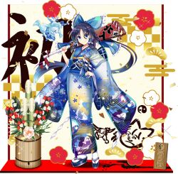 2girls alternate_color alternate_costume animal_print bamboo black_hair blue_bow blue_kimono bow closed_mouth drawing_on_another&#039;s_face egasumi fish_print flower flower_request frilled_bow frilled_hair_tubes frills furisode game_cg gohei hagoita hair_bow hair_tubes hakurei_reimu hane_(hanetsuki) highres holding holding_paddle ibuki_suika japanese_clothes kadomatsu kimono long_hair long_sleeves looking_at_viewer mini_person minigirl multiple_girls obi obiage obijime official_art okobo paddle petal_print pink_flower print_kimono red_flower rotte_(1109) sandals sash smile sparkle third-party_source touhou touhou_lostword translation_request transparent_background white_flower wide_sleeves yin_yang