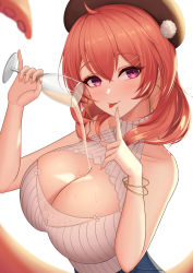 Rule 34 | 1girl, :p, abeen jhong, absurdres, ahoge, beret, breasts, cleavage, cleavage cutout, clothing cutout, cup, drinking glass, gold bracelet, hand up, hat, highres, holding, holding cup, index finger raised, large breasts, looking at viewer, medium hair, mirolive, pinky out, pom pom (clothes), pouring, pouring onto self, purple eyes, red hair, shirt, sleeveless, sleeveless shirt, solo, suggestive fluid, tabasuko (mirolive), tentacles, tongue, tongue out, upper body, virtual youtuber, white shirt, wine glass