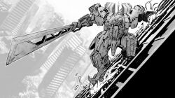 Rule 34 | building, greyscale, highres, holding, holding sword, holding weapon, kawasemi alter, looking down, looking to the side, mecha, monochrome, no humans, one-eyed, original, robot, science fiction, sliding, solo, sword, weapon