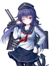 Rule 34 | 10s, 1girl, adjusting hair, akatsuki (kancolle), anchor, anchor symbol, black pantyhose, cannon, commentary request, cowboy shot, hand on own hip, highres, kantai collection, long hair, long sleeves, neckerchief, one eye closed, pantyhose, pleated skirt, purple eyes, purple hair, red neckerchief, rigging, sailor collar, school uniform, serafuku, simple background, skirt, smile, solo, turret, white background, yatsu seisakusho