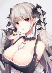 Rule 34 | 1girl, arm under breasts, azur lane, bare shoulders, between breasts, black dress, black nails, blush, breasts, cleavage, dress, earrings, formidable (azur lane), frilled dress, frills, grey hair, hair ribbon, hand up, highres, jewelry, kuroi (liar-player), large breasts, long hair, long sleeves, looking at viewer, nail polish, red eyes, ribbon, simple background, solo, twintails, twitter username, two-tone dress, very long hair