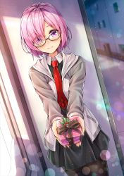 Rule 34 | 1girl, black-framed eyewear, black pantyhose, box, commentary request, day, eyes visible through hair, fate/grand order, fate (series), gift, gift box, glasses, hair over one eye, holding, holding gift, indoors, koyuki (kotatsu358), light purple hair, looking at viewer, mash kyrielight, pantyhose, purple eyes, red neckwear, short hair, solo, standing, valentine