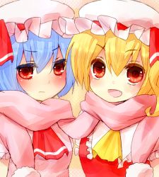Rule 34 | 2girls, ascot, bad id, bad pixiv id, blonde hair, blue hair, blush, colored eyelashes, dress, fang, female focus, flandre scarlet, hat, hat ribbon, highres, multiple girls, open mouth, pink dress, red dress, red eyes, remilia scarlet, ribbon, sawatari (sado), scarf, shared clothes, shared scarf, siblings, side ponytail, sisters, smile, touhou, wavy mouth