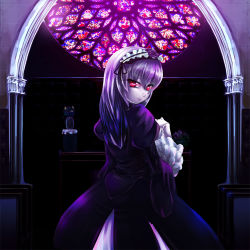 Rule 34 | 00s, asa (swallowtail), hair between eyes, long hair, looking back, red eyes, rozen maiden, solo, stained glass, suigintou