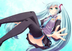 Rule 34 | 1girl, :o, aqua hair, bare shoulders, blue eyes, detached sleeves, hatsune miku, hazuki (etcxetc), highres, light particles, long hair, necktie, outstretched arms, skirt, solo, twintails, very long hair, vocaloid