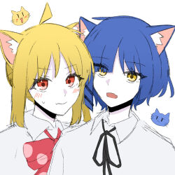 Rule 34 | 2girls, ahoge, animal ear fluff, animal ears, black ribbon, blonde hair, blue hair, blush, bocchi the rock!, bow, bowtie, cat day, cat ears, cat girl, closed mouth, collared shirt, commentary request, fang, hair ornament, hairclip, highres, ijichi nijika, kemonomimi mode, long hair, looking at viewer, multiple girls, neck ribbon, open mouth, partial commentary, polka dot bowtie, popouyu212, red bow, red bowtie, red eyes, ribbon, shirt, short hair, side ponytail, sidelocks, simple background, skin fang, sweatdrop, upper body, white background, white shirt, yamada ryo, yellow eyes