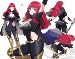Rule 34 | 1girl, absurdres, ass, back, black cape, blush, bodysuit, breasts, cape, choker, cleavage, clothing cutout, covered navel, facial mark, fire emblem, fire emblem engage, hair ornament, highres, holding, holding knife, holding weapon, knife, large breasts, long hair, looking at viewer, multiple views, nintendo, open mouth, ormille, red eyes, red hair, side cutout, simple background, smile, solo, star (symbol), star facial mark, star hair ornament, thick thighs, thighs, weapon, yunaka (fire emblem)