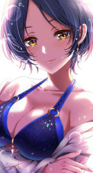 Rule 34 | 1girl, bad id, bad pixiv id, bare shoulders, bikini, black hair, blue bikini, breasts, cleavage, closed mouth, collarbone, commentary request, earrings, glint, hayami kanade, idolmaster, idolmaster cinderella girls, jewelry, koya (koya x 00), long sleeves, looking at viewer, medium breasts, nail polish, off shoulder, parted bangs, pink nails, short hair, signature, smile, solo, swimsuit, upper body, vocaloid, water drop, yellow eyes