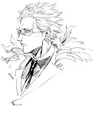 Rule 34 | 1boy, black necktie, blonde hair, closed mouth, collared shirt, donquixote doflamingo, earrings, eyelashes, eyes visible through eyewear, feather coat, jewelry, looking ahead, monochrome, necktie, nisir0, one piece, portrait, profile, shirt, short hair, sketch, spiked hair, sunglasses