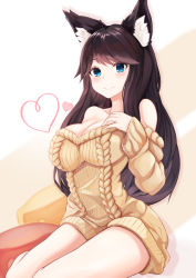 Rule 34 | 1girl, animal ear fluff, animal ears, aran sweater, azur lane, bare shoulders, blue eyes, blush, breasts, brown hair, cable knit, cleavage, closed mouth, collarbone, dress, fusou (azur lane), fusou (perfect partner?) (azur lane), hand on own chest, hand up, heart, highres, large breasts, long hair, long sleeves, looking at viewer, off-shoulder, off-shoulder sweater, off shoulder, ryara, sitting, smile, solo, sweater, sweater dress, thighs, yellow sweater, yokozuwari
