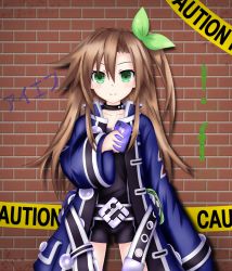 Rule 34 | 1girl, absurdres, blush, brown hair, cellphone, female focus, green eyes, highres, if (neptunia), looking at viewer, neptune (series), phone, smile, solo