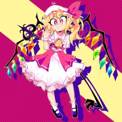 1girl :&gt; black_footwear blonde_hair commentary crystal_wings english_commentary fang flandre_scarlet full_body hat hat_ribbon highres laevatein_(touhou) looking_at_viewer mob_cap one_side_up red_background red_eyes red_ribbon ribbon signature sir_koi socks solo touhou two-tone_background white_hat white_socks wrist_cuffs yellow_background