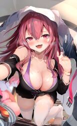 Rule 34 | 1girl, :3, absurdres, all fours, azur lane, black jacket, blush, breasts, bremerton (azur lane), bremerton (relaxation consultation) (azur lane), cleavage, highres, jacket, large breasts, long hair, looking at viewer, mole, mole on breast, mole under eye, multicolored hair, open mouth, purple tank top, red eyes, red hair, shiira (nya rl), smile, solo, streaked hair, tank top, teeth, thighhighs, toeless legwear, two-tone hair, white thighhighs