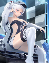 Rule 34 | 1girl, alternate costume, bare shoulders, blue eyes, braid, braided ponytail, breasts, bridal gauntlets, car, checkered clothes, checkered flag, closed mouth, collarbone, flag, hair ornament, hat, high ponytail, highres, holding, holding umbrella, jacket, leotard, long hair, looking at viewer, midriff, motor vehicle, off shoulder, on vehicle, peaked cap, race queen, rwby, scar, scar across eye, scar on face, short shorts, shorts, sitting, small breasts, snowflake print, solo, thighhighs, thighs, tiara, umbrella, v-shaped eyebrows, very long hair, vilde loh hocen, weiss schnee, white hair, white jacket, white thighhighs
