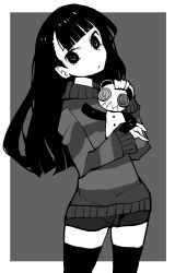 Rule 34 | 1girl, blunt bangs, doll, dowman sayman, greyscale, highres, long hair, looking at viewer, monochrome, sasa kazamori, shorts, sleeves past wrists, solo, striped clothes, striped sweater, sweater, thighhighs, un-go