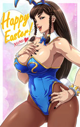 Rule 34 | 1girl, bare shoulders, black hair, blue leotard, breasts, brown eyes, capcom, chun-li, cleavage, grin, hand on own hip, happy easter, heart, legs, leotard, lipstick, long hair, looking at viewer, makeup, open mouth, rabbit ears, rabbit tail, shiny skin, smile, speech bubble, spoken heart, street fighter, street fighter v, thighs