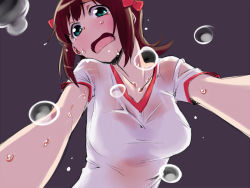 Rule 34 | 1girl, amami haruka, blush, breasts, brown hair, from below, green eyes, hair ribbon, idolmaster, idolmaster (classic), large breasts, looking at viewer, open mouth, perspective, ribbon, short hair, simple background, solo, sweater, tears, tkhs