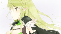 Rule 34 | 1girl, armor, bad id, bad pixiv id, black gloves, breasts, cloak, closed mouth, elbow gloves, elsword, from side, gloves, green hair, grey background, hair between eyes, long hair, looking to the side, medium breasts, pauldrons, petals, pointy ears, rena erindel, sagoshi, shoulder armor, simple background, solo, upper body, yellow eyes