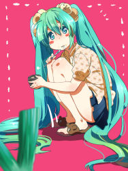 Rule 34 | 1girl, animal slippers, blush, blush stickers, eating, female focus, food, food on face, full body, green eyes, green hair, hatsune miku, long hair, matching hair/eyes, saliva, shuri (84k), simple background, skirt, slippers, solo, spoon, squatting, twintails, very long hair, vocaloid