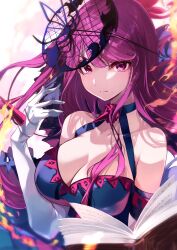 Rule 34 | 1girl, absurdres, bare shoulders, book, breasts, cleavage, dress, elbow gloves, embers, expressionless, fascinator, fire, fire emblem, fire emblem engage, fire, flower, gloves, hair ornament, highres, ivy (fire emblem), jewelry, large breasts, long hair, looking at viewer, mole, mole under mouth, nintendo, purple eyes, purple hair, risumi (taka-fallcherryblossom), rose, solo, white gloves