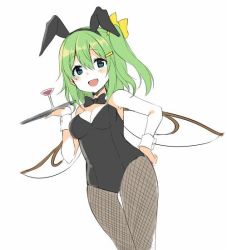 Rule 34 | 1girl, animal ears, blue eyes, breasts, rabbit ears, cocktail glass, cup, daiyousei, drinking glass, fairy wings, female focus, fishnet pantyhose, fishnets, fujishiro emyu, green hair, hair ornament, hairpin, hand on own hip, open mouth, pantyhose, playboy bunny, simple background, solo, touhou, white background, wings