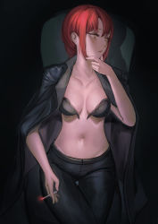 Rule 34 | 1girl, absurdres, black background, black bra, black coat, black pants, bra, breasts, chainsaw man, chair, cigarette, cleavage, coat, coat on shoulders, collarbone, crossed legs, hand on own chin, highres, holding, holding cigarette, large breasts, looking away, looking to the side, makima (chainsaw man), nikumocchi, open bra, pants, red hair, short hair, simple background, sitting, solo, thigh gap, underwear, yellow eyes