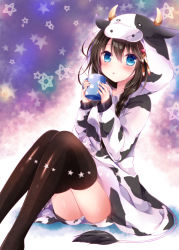 Rule 34 | 10s, 1girl, black hair, black thighhighs, blue eyes, braid, costume, cow, cup, gradient background, hair ornament, hair over shoulder, hood, hoodie, kantai collection, long hair, mug, nogi takayoshi, shigure (kancolle), single braid, solo, star (symbol), starry background, thighhighs
