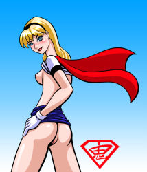 Rule 34 | 1girl, ass, closed mouth, cowboy shot, dc comics, female focus, from behind, justice league, legs apart, looking at viewer, oni (artist), smile, solo, standing, supergirl, topless, tsurime